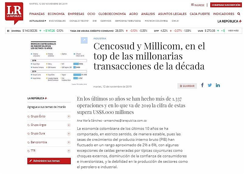 Cencosud y Millicom, en el top de las millonarias transacciones de la dcada